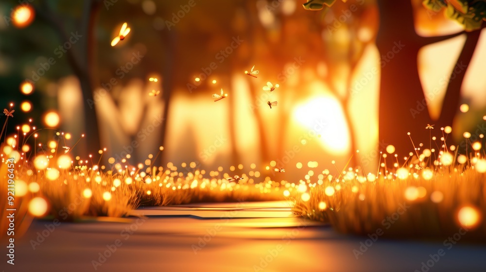 Poster ethereal fireflies hover and illuminate a forest path at sunset, casting a magical glow that transfo