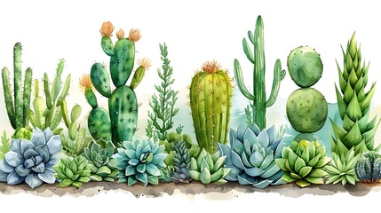 A serene watercolor pattern of cacti and succulents, showcasing various plants in different green hues, seamlessly integrated with delicate textures and smooth transitions, creating a calming and natu