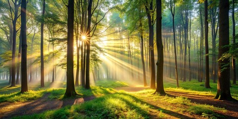 Obraz premium Morning sunlight filters through the trees in a peaceful forest setting, forest, trees, morning, sunlight, nature, peaceful
