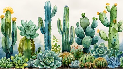 A serene watercolor pattern of cacti and succulents, showcasing various plants in different green hues, seamlessly integrated with delicate textures and smooth transitions, creating a calming and natu