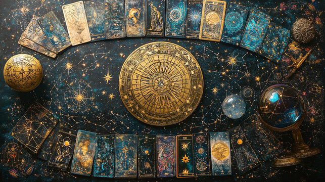 A mystical flat lay photography featuring tarot cards, a crystal ball, and a star chart
