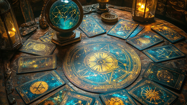 A mystical flat lay photography featuring tarot cards, a crystal ball, and a star chart