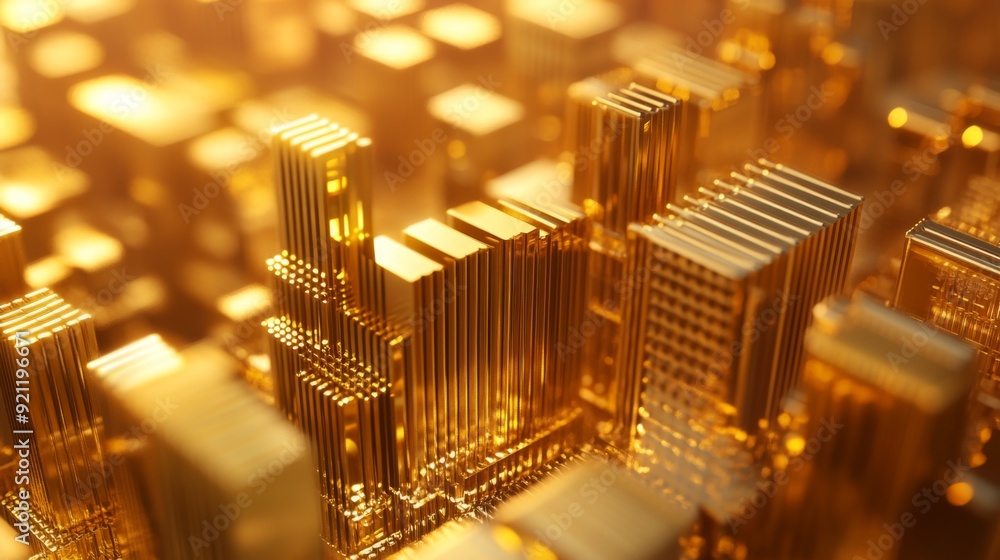 Poster A close-up of a 3D gold stacked column graph with golden layers and segments, illustrating a breakdown of financial data with a luxurious and detailed presentation.