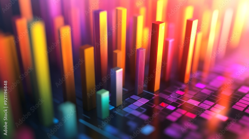 Poster a close-up of a 3d histogram with varying bar heights and depths, highlighting the distribution of d