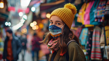 Obraz premium A young woman wearing a face mask while shopping in a vibrant market
