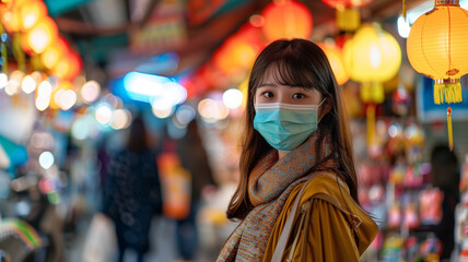 Obraz premium A young woman wearing a face mask while shopping in a vibrant market