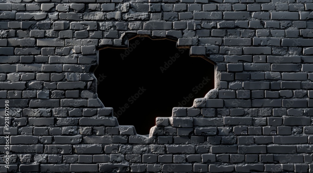 Poster this 3d rendering displays a large hole in a black brick wall, highlighting the rough texture and de