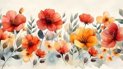 A serene watercolor pattern of spring flowers, showcasing blooming cherry blossoms and tulips, painted in vibrant hues, seamlessly integrated with smooth transitions and intricate details, creating a 