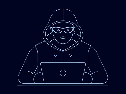 continuous single line drawing of computer hacker stereotype, line art vector illustration
