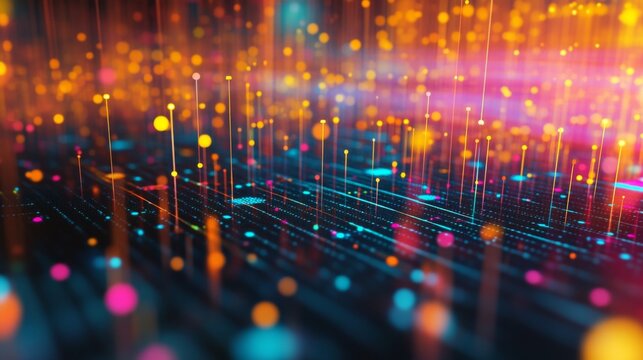 A close-up of a 3D scatter plot with data points floating above a grid, using different colors and sizes to represent various data metrics.
