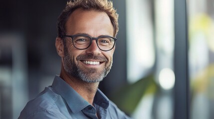 Fototapeta premium Confident Professional's Winning Smile: A portrait of a mature businessman with glasses, exuding confidence and success in a modern office setting.