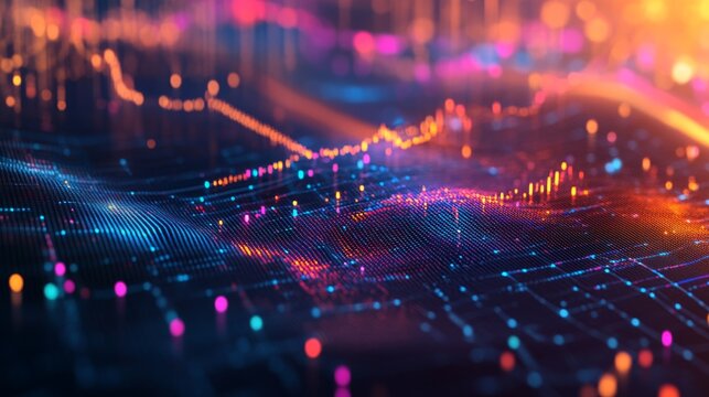 A close-up of a 3D scatter plot with data points floating above a grid, using different colors and sizes to represent various data metrics.