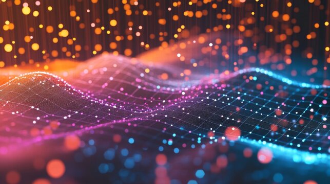 A close-up of a 3D scatter plot with data points floating above a grid, using different colors and sizes to represent various data metrics.
