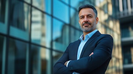 Confident Businessman: A successful, mature businessman exudes confidence and determination as he stands confidently in front of a modern cityscape. 
