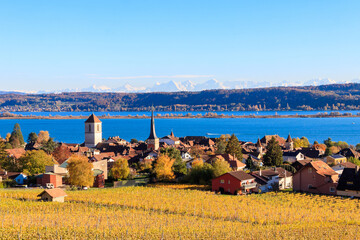 View of La Neuveville town and Lake Biel, Switzerland