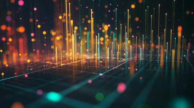 A close-up of a 3D scatter plot with data points floating above a grid, using various colors and sizes to represent different financial data sets and trends.