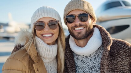 A smiling couple dressed in winter clothes stand together, with an airplane in the background, suggesting travel and adventure during the winter season.