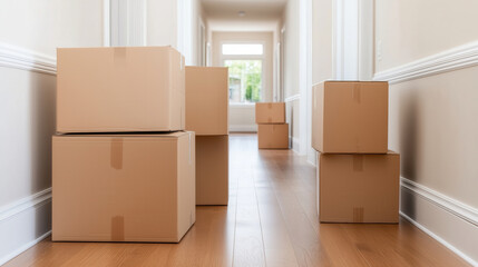 Cardboard boxes stacked in a modern hallway, representing moving, packing, and storage. A clean and organized space.