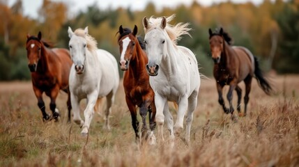 Obraz premium A dynamic shot featuring a group of brown and white horses running enthusiastically through a field, with autumn backgrounds depicting freedom and natural beauty.