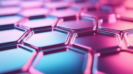 Fototapeta premium Close-up of vibrant hexagonal patterns showcasing reflections and futuristic design elements in bright colors.