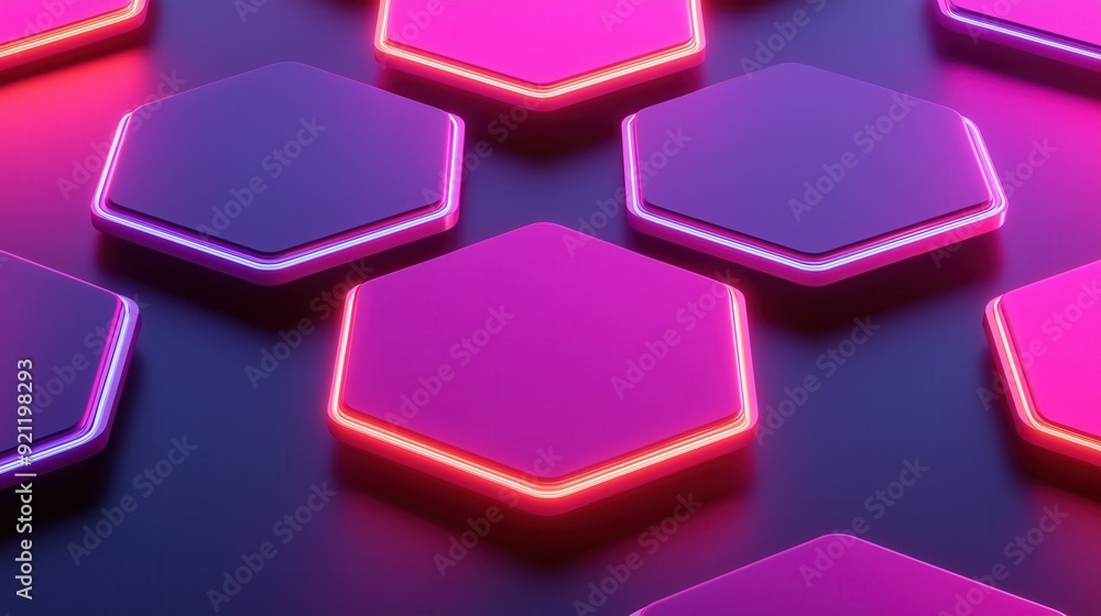 Poster colorful neon hexagons on a dark background, creating a vibrant and dynamic abstract design with glo