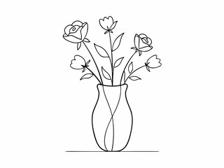 continuous single line drawing of bouquet of flowers in flower vase, line art vector illustration
