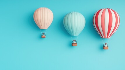 Naklejka premium Colorful hot air balloons float against a serene blue background, perfect for travel and adventure themed visuals.