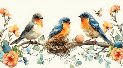 Fototapeta premium A vibrant watercolor pattern of birds and nests, featuring various species perched on branches with eggs, arranged in a seamless design with soft pastel colors and intricate details, creating a lively
