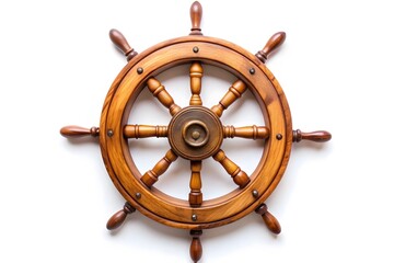 Large Old ship wooden steering wheel rudder isolated on white background

