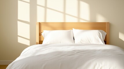 Cozy bed with white bedding in soft sunlight, creating a peaceful and inviting bedroom atmosphere.
