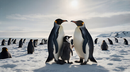 A penguin family stands together in the snowy landscape of Antarctica, their love and care for their chick evident in their protective stance.

