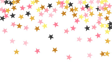 Beautiful black pink gold stars magic scatter wallpaper. Many stardust spangles New Year decoration confetti. Party decor stars magic background. Spangle elements poster decor.