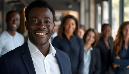 Fototapeta premium Smiling business man leader standing in office at team meeting