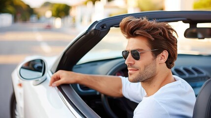 Naklejka premium A person sits in a stylish white convertible car with the top down, showcasing a modern and carefree lifestyle in a busy urban environment on a sunny day.
