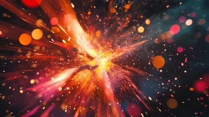 Fototapeta premium A close-up of a burst of fireworks resembling an explosion, with colorful sparks and bright light against a night sky, capturing the festive and spectacular nature.