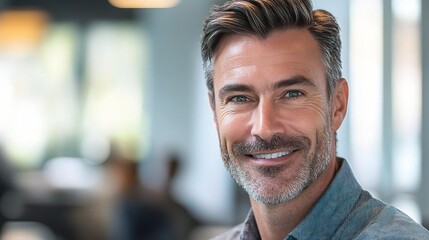Confident and Successful: A mature, handsome businessman with a warm smile and friendly eyes radiates confidence and success, setting a positive tone for any project or venture. 