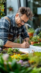 Fototapeta premium A man in an apron working on garden designs at a table in a greenhouse, surrounded by plants, symbolizing creativity, nature, and the art of gardening.