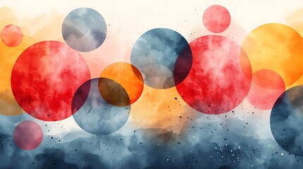 An abstract watercolor pattern of soft pastel geometric shapes, including circles, triangles, and...