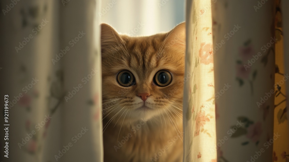 Poster a close-up of a chubby cat peeking out from behind a curtain, with its curious eyes and rounded body