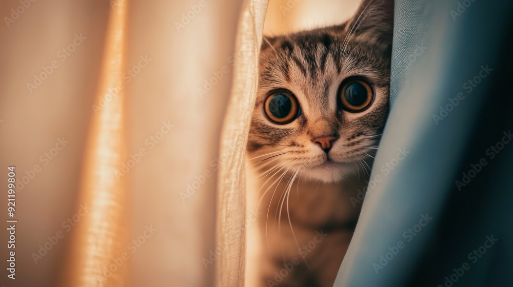 Poster a close-up of a chubby cat peeking out from behind a curtain, with its curious eyes and rounded body