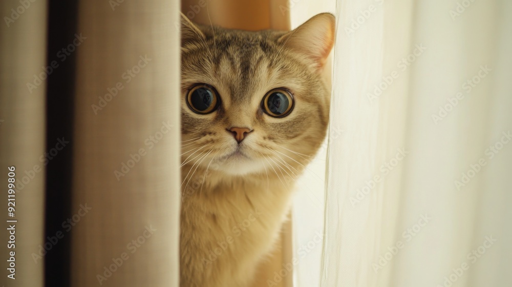 Poster a close-up of a chubby cat peeking out from behind a curtain, with its curious eyes and rounded body