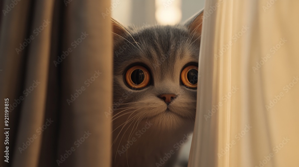 Poster a close-up of a chubby cat peeking out from behind a curtain, with its curious eyes and rounded body
