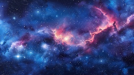 Obraz premium An artistic watercolor pattern showcasing a dreamy night sky with shimmering stars, vibrant planets, and swirling nebulas, painted in deep blues and purples, seamlessly connected with smooth transitio