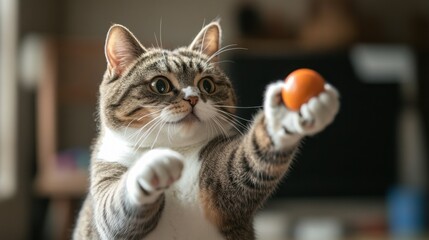 A close-up of a chubby cat playfully batting at a toy, with its round face and chubby paws in focus, highlighting its playful and affectionate nature.