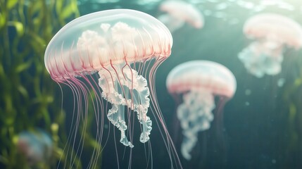 Fototapeta premium Stunning underwater scene showcasing graceful jellyfish swimming through vibrant aquatic plants, capturing the beauty of marine life.