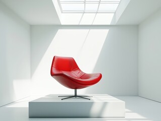 Minimalist Red Lounge Chair on White Cube with Skylight in Modern Room | Product Photography