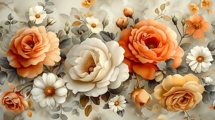 An artistic watercolor pattern showcasing bouquets of roses, peonies, and daisies, seamlessly connected with soft, flowing stems and leaves, painted in gentle pastel hues, creating a delicate and harm
