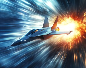 A fighter jet soaring through a colorful explosion, showcasing speed and power in a dynamic action scene.