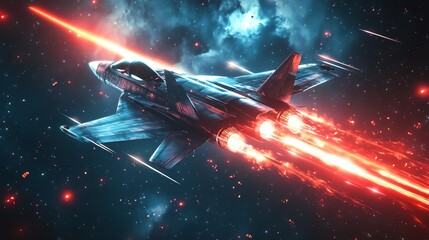Fototapeta premium A futuristic jet soars through a vibrant cosmic landscape, leaving trails of light in its wake amidst a starry backdrop.