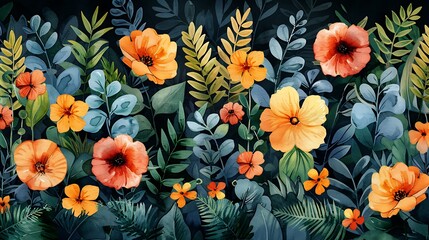 An artistic watercolor pattern showcasing different botanical elements, including ferns, leaves, and flowers, painted in soft, natural colors, seamlessly integrated with smooth transitions and intrica